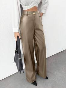 EURMUSE Prive Gold Button Detailed Straight Fit Leather Pant - Mocha Brown - View 4