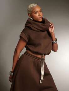 Denimoi High Neck Hooded Multi-Wear Terry Sweatshirt Top Fashionable Streetwear Sweatshirt - Brown - View 4