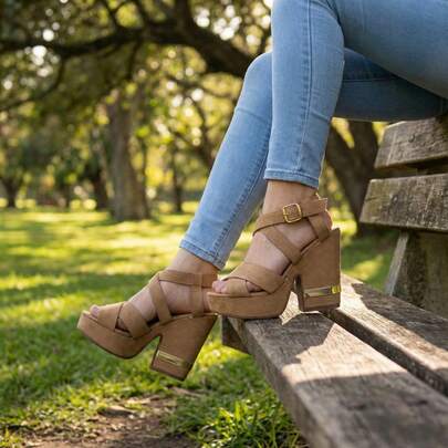 Plataformas para mujer, plataformas HK 3-M en color Melle, sandalias de tacón alto con diseño moderno y elegante, cuentan con una plataforma frontal que aporta estabilidad y un tacón ancho ideal para uso prolongado. Incluyen pulsera al tobillo con hebillas metálicas ajustables para un mejor ajuste . Su tono neutro combina fácilmente con outfits casuales o de vestir, convirtiéndolas en una opción perfecta para eventos, salidas o el día a día.