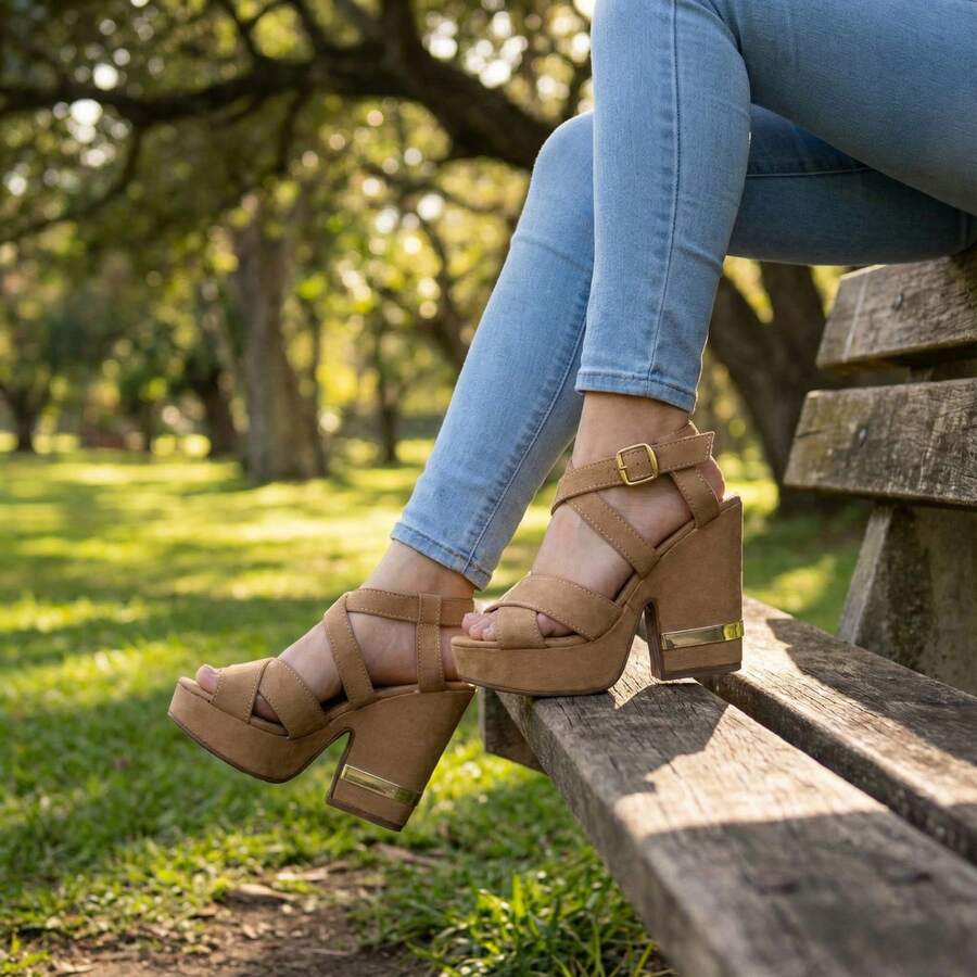 Plataformas para mujer, plataformas HK 3-M en color Melle, sandalias de tacón alto con diseño moderno y elegante, cuentan con una plataforma frontal que aporta estabilidad y un tacón ancho ideal para uso prolongado. Incluyen pulsera al tobillo con hebillas metálicas ajustables para un mejor ajuste . Su tono neutro combina fácilmente con outfits casuales o de vestir, convirtiéndolas en una opción perfecta para eventos, salidas o el día a día. - Melle - Ver 1