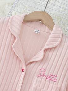 女童杏色抓绒罗纹字母刺绣开衫和裤子家居服套装 - 粉色 - 查看 3