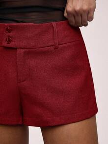 SHEIN BAE Women's Solid Color Waist Button Design Casual Commuter Shorts - Burgundy - View 3