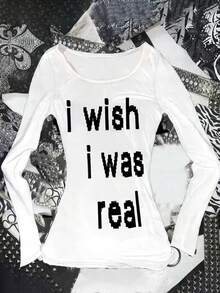 SHEIN 女式字母印花圆领时尚修身长袖T恤 - 白色 - 查看 1