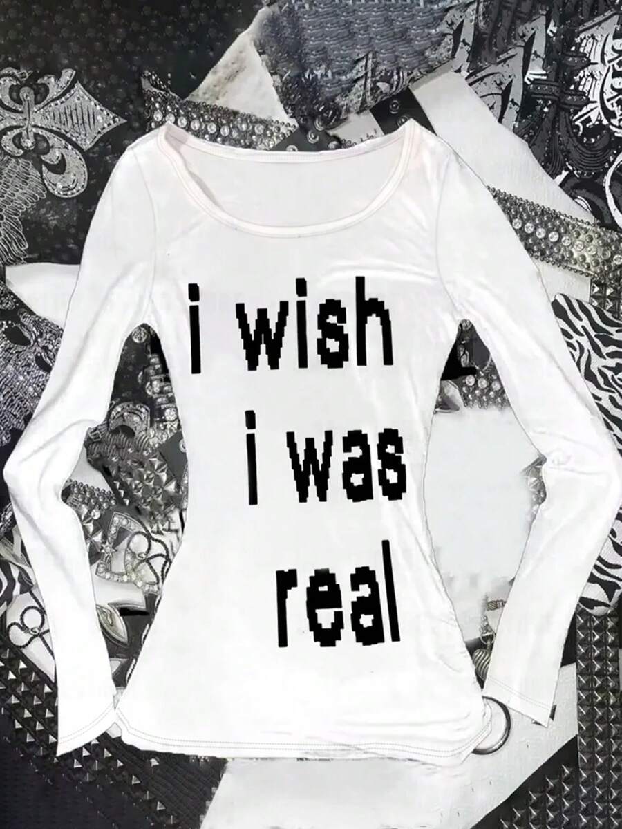 SHEIN 女式字母印花圆领时尚修身长袖T恤 - 白色 - 查看 1