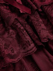 ROMWE Goth 哥特复古宫廷风撞色蕾丝边十字架吊坠女士天鹅绒露背系带连衣裙 - 酒紅色 - 查看 4