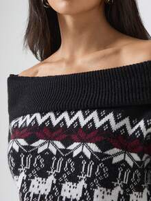 LYSMO 2025 Women's Deer Pattern Off-Shoulder Sweater,Black N White Fair Isle Christmas Pullover Jumper,Vintage Autumn Long Sleeve Fashionable Family Tops - Black - View 7
