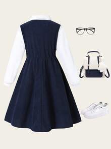 SHEIN Sparklyn 1pc Girls' Fashionable Long Sleeve Dress, Soft & Comfortable Fabric, White Shirt With Navy Blue Dress, Gentle And Stylish Design, Suitable For Spring/Autumn, Suitable For Outings, Photos, School, And Various Occasions, Must-Have Popular Girls' Dress - Black - View 2