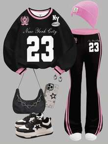 SHEIN Leap Crew Ensemble Sweat-shirt-shirt graphique rayé blocs de couleurs "New York 23" Y2K et pantalon évasé, tenue décontractée inspirée des sports vintage pour les préadolescentes, convient pour l'automne/l'hiver, les sorties, le style de rue, la maison, l'école en automne - Multicolore - Voir 7