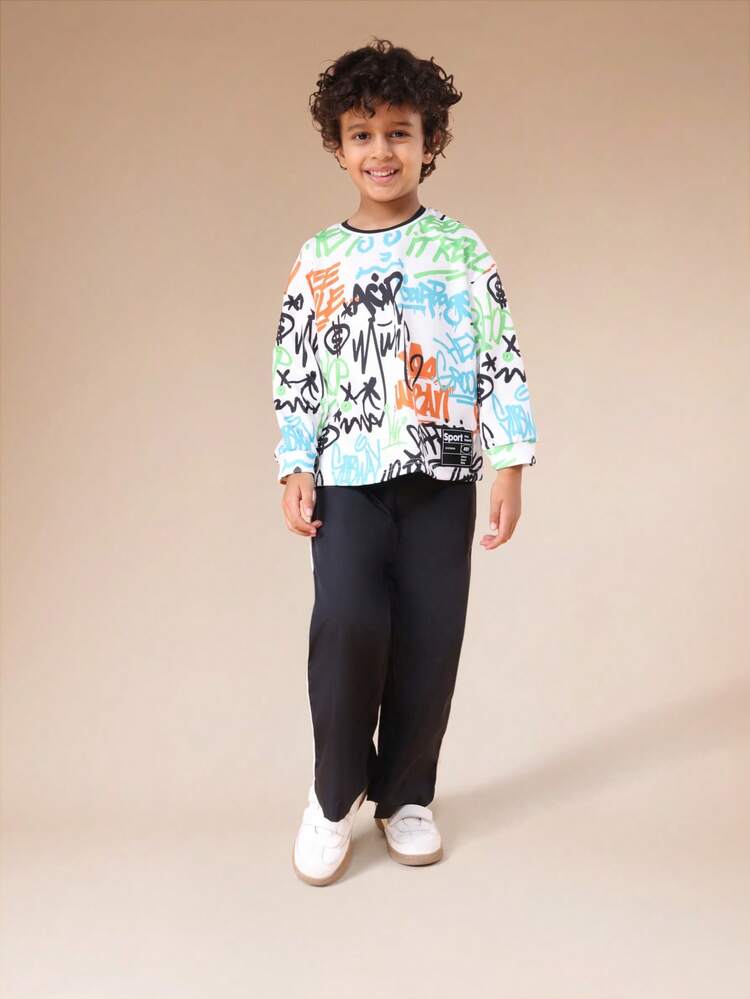 Graffiti Print Long Sleeve Top With Navy Pants Set