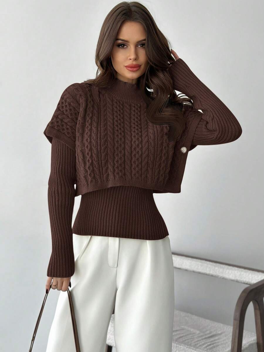 Firerie Women's Elegant Casual Chic Commuting Versatile College Style 2 In 1 Khaki Sweater, Autumn/Winter,Sweaters For Women - Coffee Brown - View 1