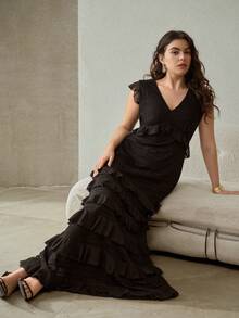 MOTF PREMIUM WOMEN'S PLUS RUFFLE SLEEVELESS PARTY COCKTAIL DRESS, SPRING/SUMMER - Black - View 2