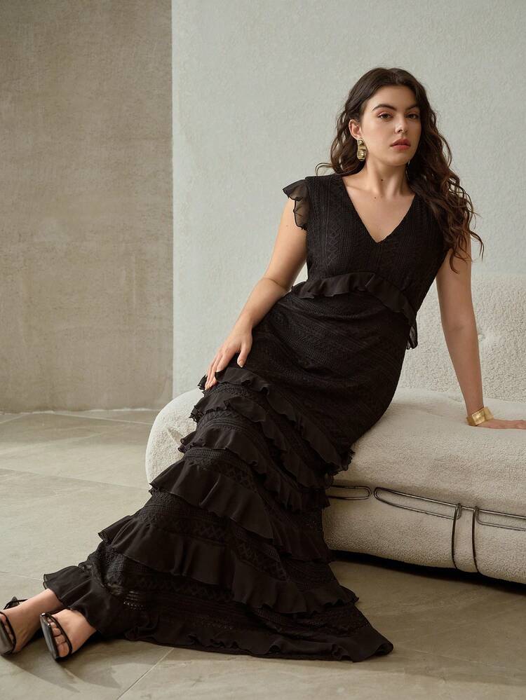 VESTIDO DE FIESTA/CÓCTEL CON VOLANTES SIN MANGAS PARA MUJER TALLA GRANDE, PRIMAVERA/VERANO