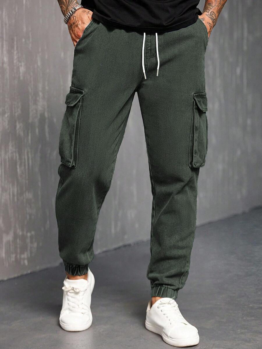 Manfinity Homme Quần jeans ống côn cạp rút túi hộp thường ngày cho nam - Màu xanh Ô liu - Xem 1