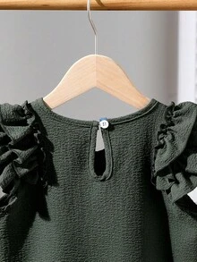 Genkimix Kids Young Girl' Textured Fabric Casual T-Shirt With Flutter Sleeves Ruffle Sleeve Top Girls - Army Green - View 4