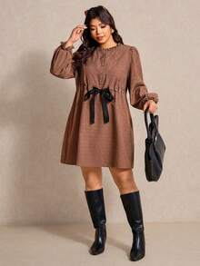 Elaquor 大码女式圆领灯笼袖系腰休闲连衣裙 - 咖啡棕 - 查看 6