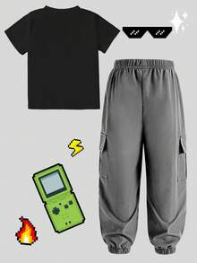 2pcs/Set Young Boy Printed Top & Drawstring Cargo Shorts Set, Fashionable Casual - Multicolor - View 5