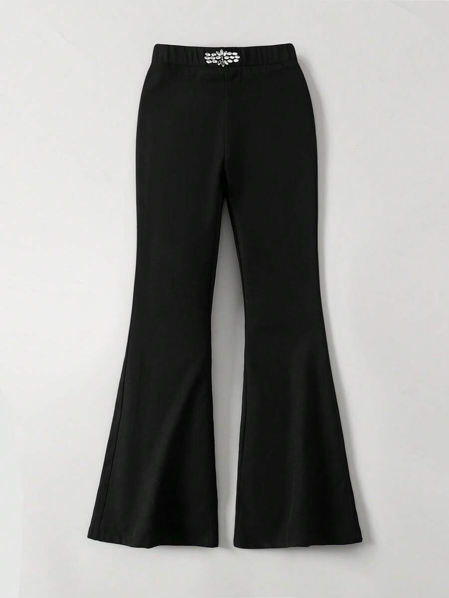 Ontre بناطيل فضفاضة كاجوال للبنات المراهقات مزينة بالراين على الخصر الأسود - الأسود - مشاهدة 1