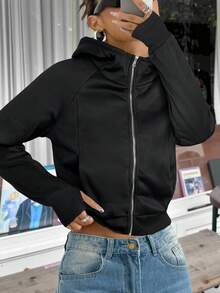 Muchica Women's Black Casual Everyday Zip-Up Hoodie, Autumn,Fall,Zip Up Hoodie Women,Zip Up Hoodie For Women - Black - View 4