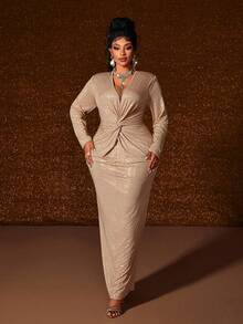 Maweii 大码女式优雅闪亮银色亮片针织高弹面料交叉V领，垫肩设计，收腰剪裁，秋冬新款，适合音乐会、时尚百搭外套、夜间约会、圣诞节、新年等场合，时尚长袖连衣裙 - 卡其色 - 查看 7