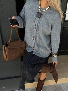 DAZY Women's Casual Loose Fit Solid Color Hooded Sweatshirt, Suitable For Office, Commuting, Autumn/Winter - Grey - View 7
