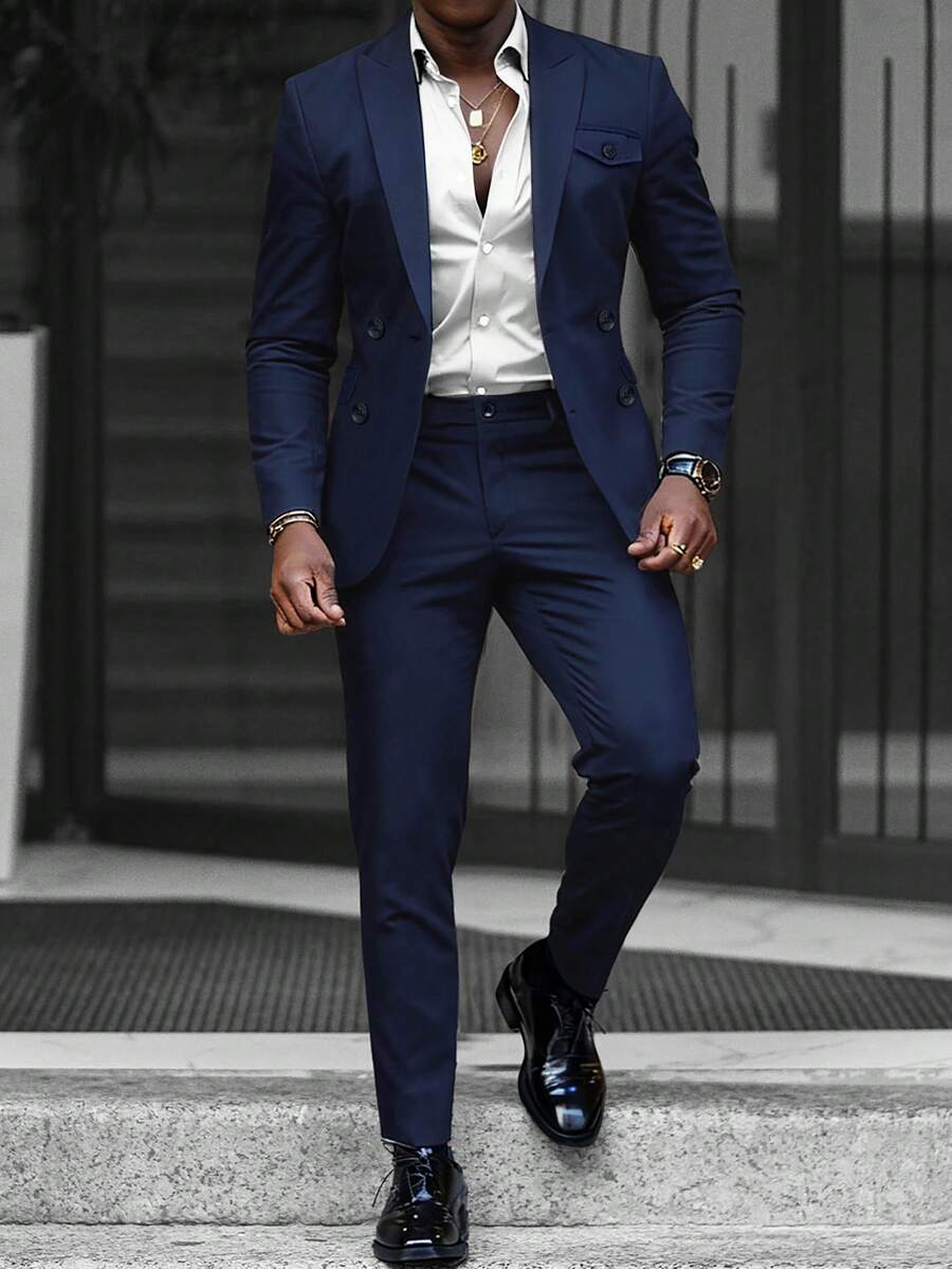 Manfinity Bizformal Bộ vest nam màu xanh hải quân hai hàng cúc, cổ ve áo, túi trang trí, kiểu dáng công sở thường ngày, vest nam công sở, vest hai hàng cúc màu xanh hải quân, vest nam dự tiệc, trang phục Halloween, mùa đông, phong cách cổ điển, trang phục dành cho nam giới giàu có, lễ hội, khách mời đám cưới, dạ hội, trang phục công sở nam, trang phục dự tiệc, Halloween, mùa đông, phong cách cổ điển, trang phục dành cho nam giới giàu có, lễ hội, khách mời đám cưới, dạ hội. - Màu xanh hải quân - Xem 1