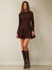 SHEIN BAE 纯色深棕色圆领长袖褶裥下摆休闲优雅女士迷你连衣裙，优雅连衣裙，约会连衣裙，生日迷你连衣裙，棕色连衣裙，秋冬季叠穿连衣裙 - 咖啡棕 - 查看 6