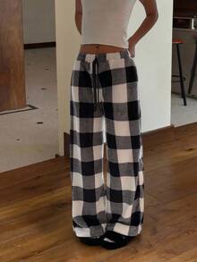 CovetEZ 女士系腰蓬松格子印花休闲阔腿宽松裤