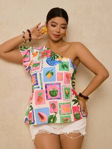 Travachic Camisa sin mangas con estampado de frutas y un solo hombro para tallas grandes - Multicolor - Ver 6