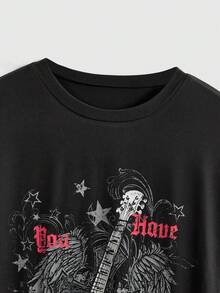 ROMWE Goth 哥特学院风猫咪印花网眼拼接宽松T恤，女款，返校季 - 黑色 - 查看 3