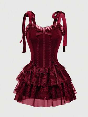 Goth فستان حريري بياقة مربوطة وشريط دانتيل بطراز قصر عتيق ذو تباين لوني مع صليب معلق للنساء بطراز جوثي