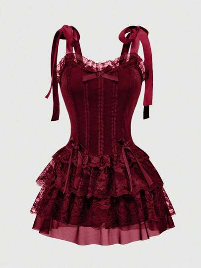 ROMWE Spring/Summer Red Gothic Retro Palace Style Contrast Color Lace Trim Cross Pendant Women Velvet Halter Tie Strap Dress