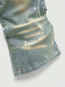 ROMWE MEN Street Life Teen Boy Drawstring Waist Pockets Rhinestone Embellished Skinny Jeans - Medium Wash - View 4