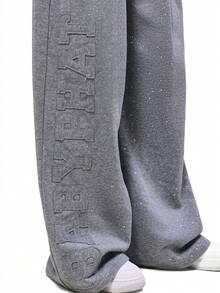 BABYPHAT 褶裥细节宽松运动裤，闪光针织面料，阔腿抽绳设计，饰有闪亮压纹文字，舒适居家服，高腰宽松版型 - 灰色 - 查看 5