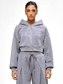 BABYPHAT Cropped Full Zip Sweatshirt With Embossed Text Detail Grey Glitter Jersey Sweatshirt Casual Oversized Pullover Winter Fall - Grey - View 7