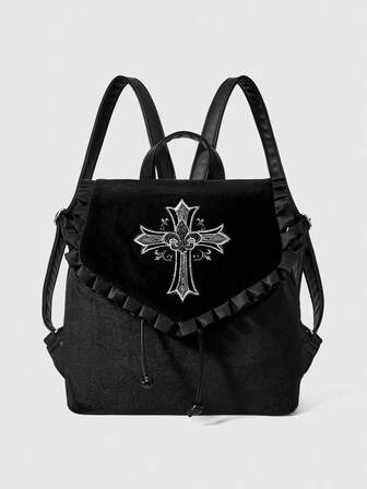Grunge Punk Modische Vintage-Tasche mit Kreuz-Stickerei für Frauen