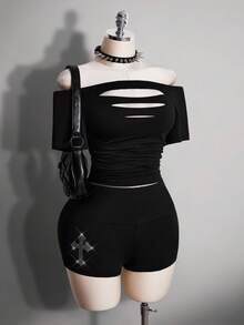 SHEIN ICON Quần short thời trang cạp chun đính đá chéo cỡ lớn cho nữ - màu đen - Xem 7