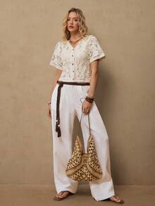 Freevana Áo len cardigan ren móc đơn giản dành cho nữ đi nghỉ mát - Màu be - Xem 5