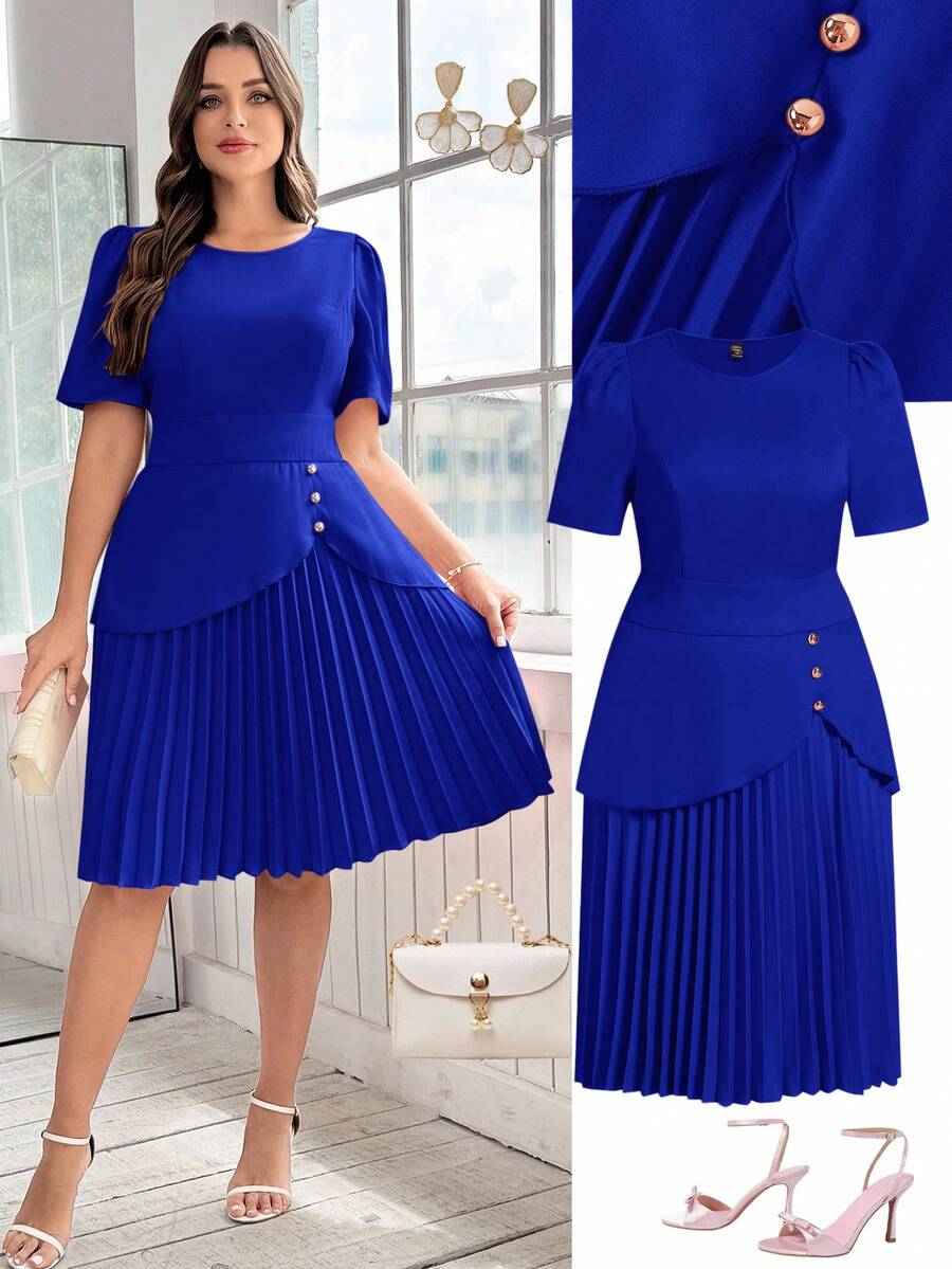 Ellevyn Đầm xếp ly công sở thanh lịch thiết kế bất đối xứng màu trơn cỡ lớn khóa kim loại trang trí - Xanh đậm - Xem 1