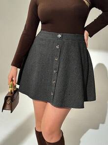 Auralis 秋冬新款复古美拉德印花羊毛A字格纹迷你裙，加大码女士经典千鸟格褶裥裙，优雅美式前扣伞裙 - 深灰色 - 查看 3