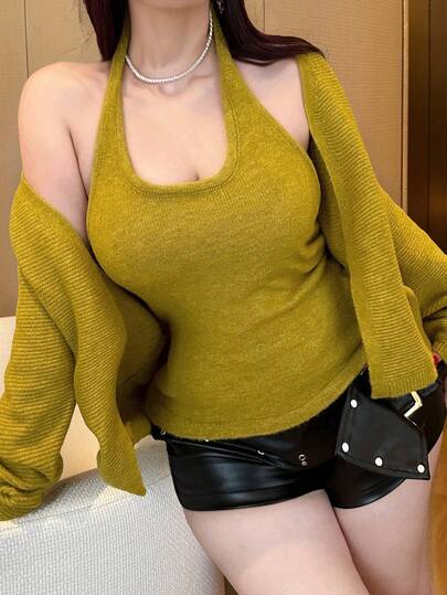 Dazy Plus 大码女士优雅露背宽松开衫毛衣套装，秋冬款