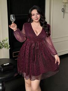 Flirla 大码金属光泽V领长袖褶裥腰部派对连衣裙（女款） - 紅色 - 查看 6