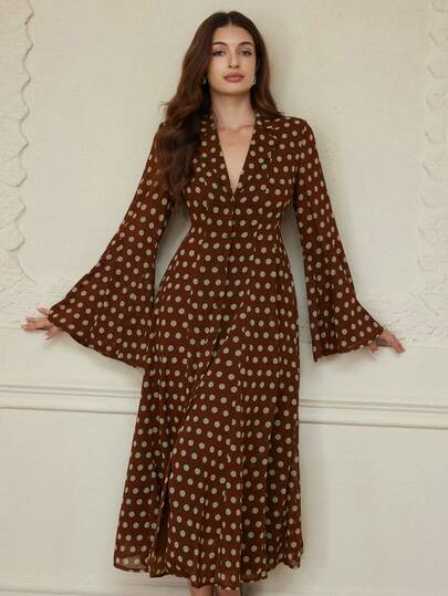 Aveloria Rosie Đầm sơ mi dáng chữ A tay dài xếp ly eo đơn ve áo thanh lịch dành cho nữ