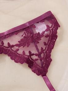 Women's Purple Sheer Babydoll Lingerie Set With Plant Pattern Lace And Spaghetti Straps Bra Set Bras For Women 3 Piece Set Sexy Bra Set 3 Piece Lingerie Set