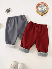 SHEIN Bộ 2 quần dài giữ nhiệt dày dặn, thoải mái, phong cách thể thao đường phố, dễ thương, năng động, phù hợp cho bé trai, mặc trong nhà và ngoài trời, thích hợp mặc vào mùa thu/đông - Nhiều màu - Xem 4