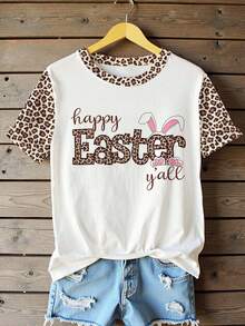 EMERY ROSE Women's Rabbit Slogan & Leopard Print Patchwork Contrast Leopard Print Comfortable Soft Casual Round Neck Short Sleeve T-Shirt, Suitable For Daily And Holiday Wear - Multicolor - View 3