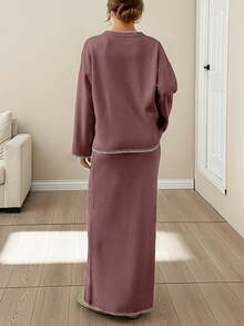 EURMUSE Women Stitch Detailed Round Neck Drop Shoulder Pullover & Sweater Skirt Set - Dusty Pink - View 2