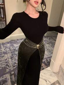 DAZY Elegante abito midi in velluto nero con fibbia colore a blocchi nero e verde, adatto per Capodanno, Natale, matrimonio, festa, occasioni formali. Abito aderente e scintillante da donna per il carnevale. - nero - Visualizzare 3