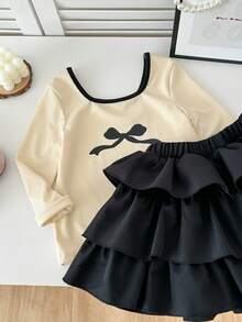 Genkimix Kids 2件套女童蝴蝶结印花休闲时尚船领T恤+纯色休闲时尚蛋糕裙 - 杏色 - 查看 6