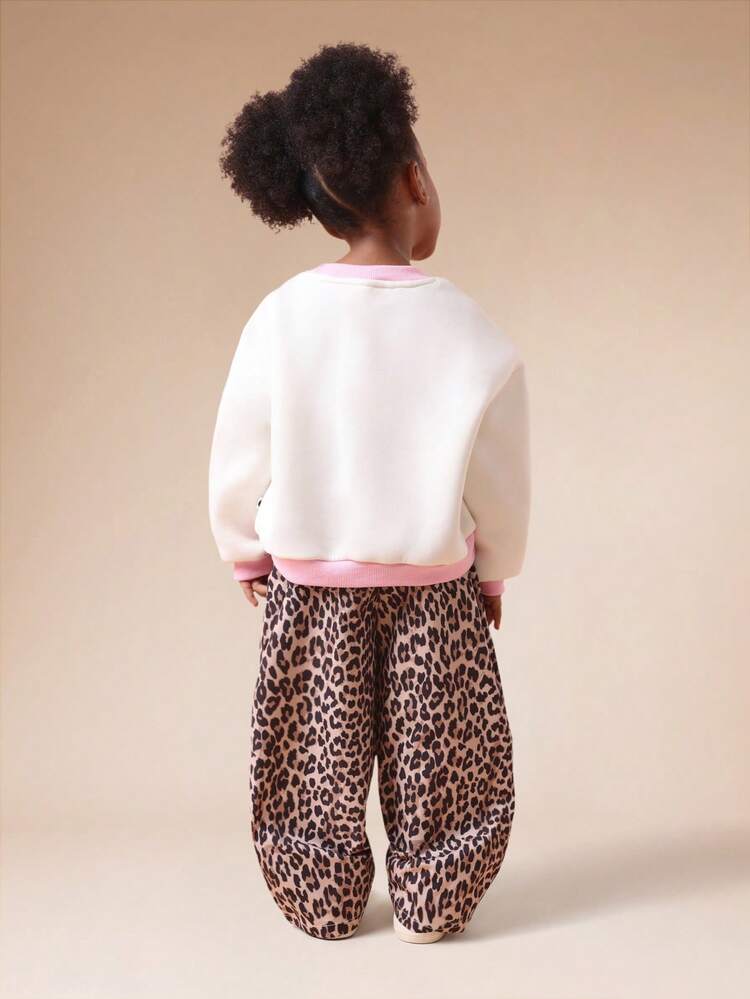 Color Block Sweatshirt With Leopard Joggers Set