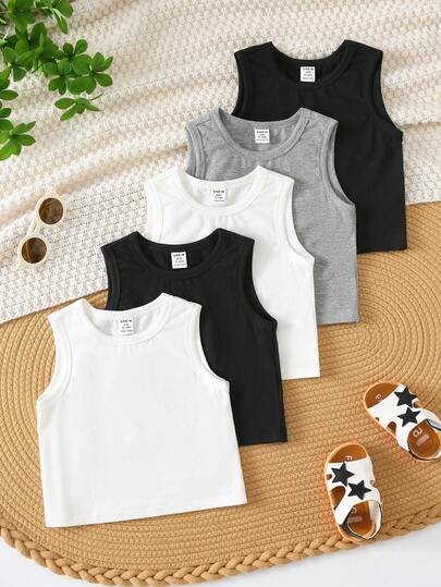 SHEIN 5pcs/Set Unisex Baby Boy/Girl Casual Solid Color Basic Sleeveless Tank Top T-Shirt Knit Tops Set, Spring/Summer Baby Boy Clothes